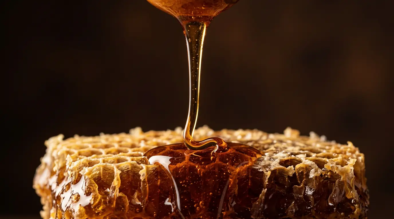 Dark amber honey drizzling onto raw honeycomb