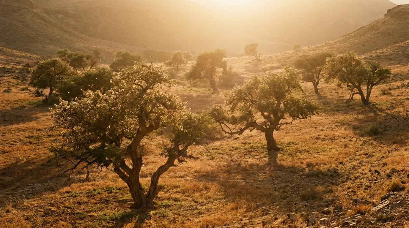 Ancient sidr trees in a golden valley at sunset